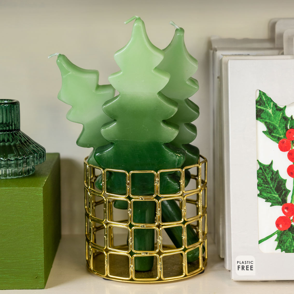 Green Christmas Tree Dinner Candles Duo